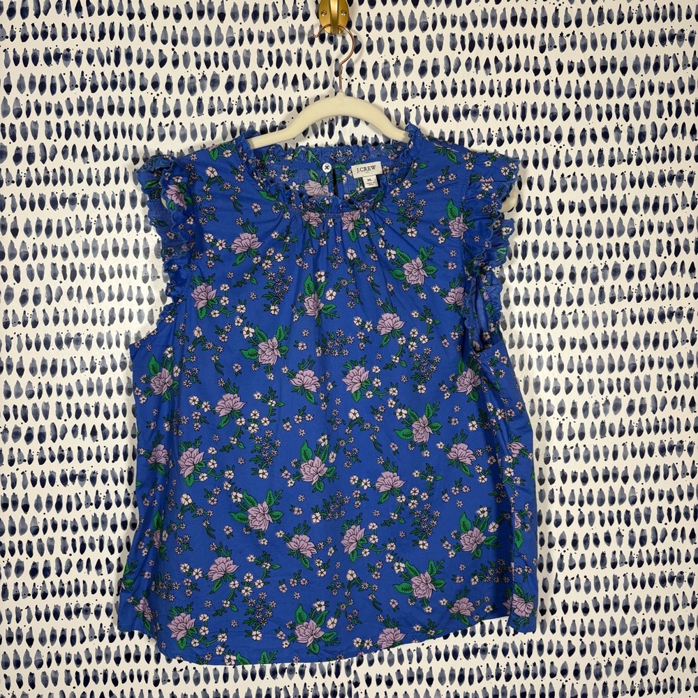 J. Crew Factory Women’s Sleeveless Ruffleneck Top in blue floral sz XL #BY438